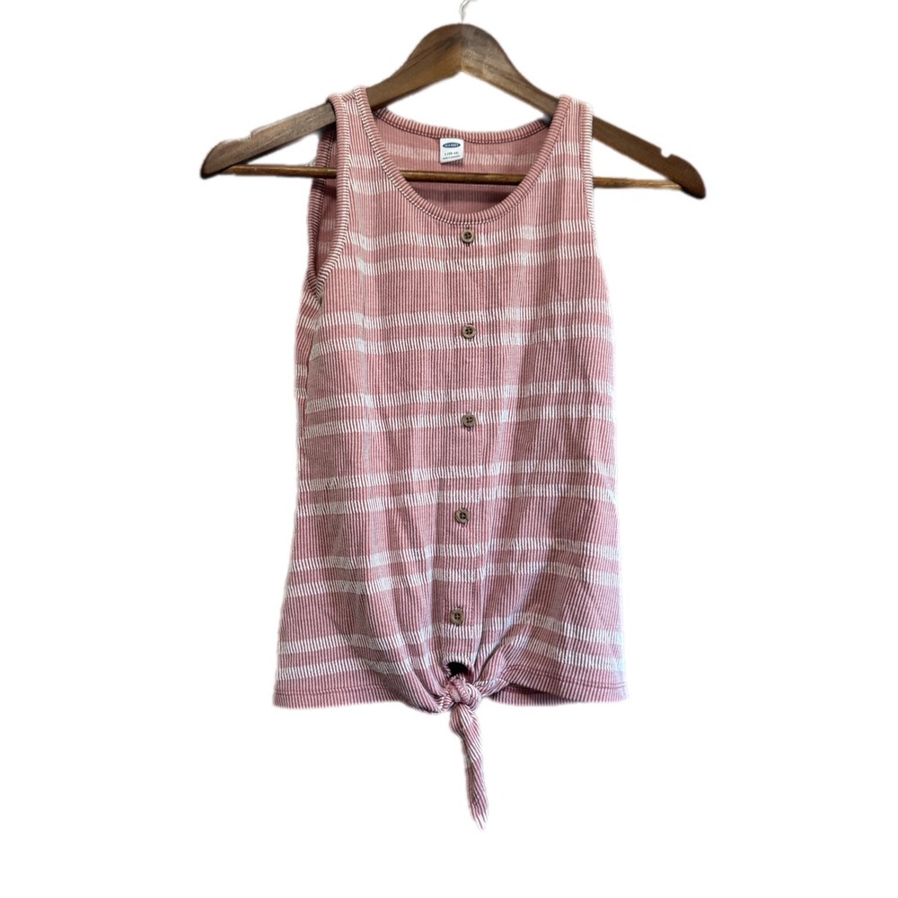Old Navy‎ Tank Top Kids L 10-12 Pink Excellent Striped Tie Front Button Ribbed
